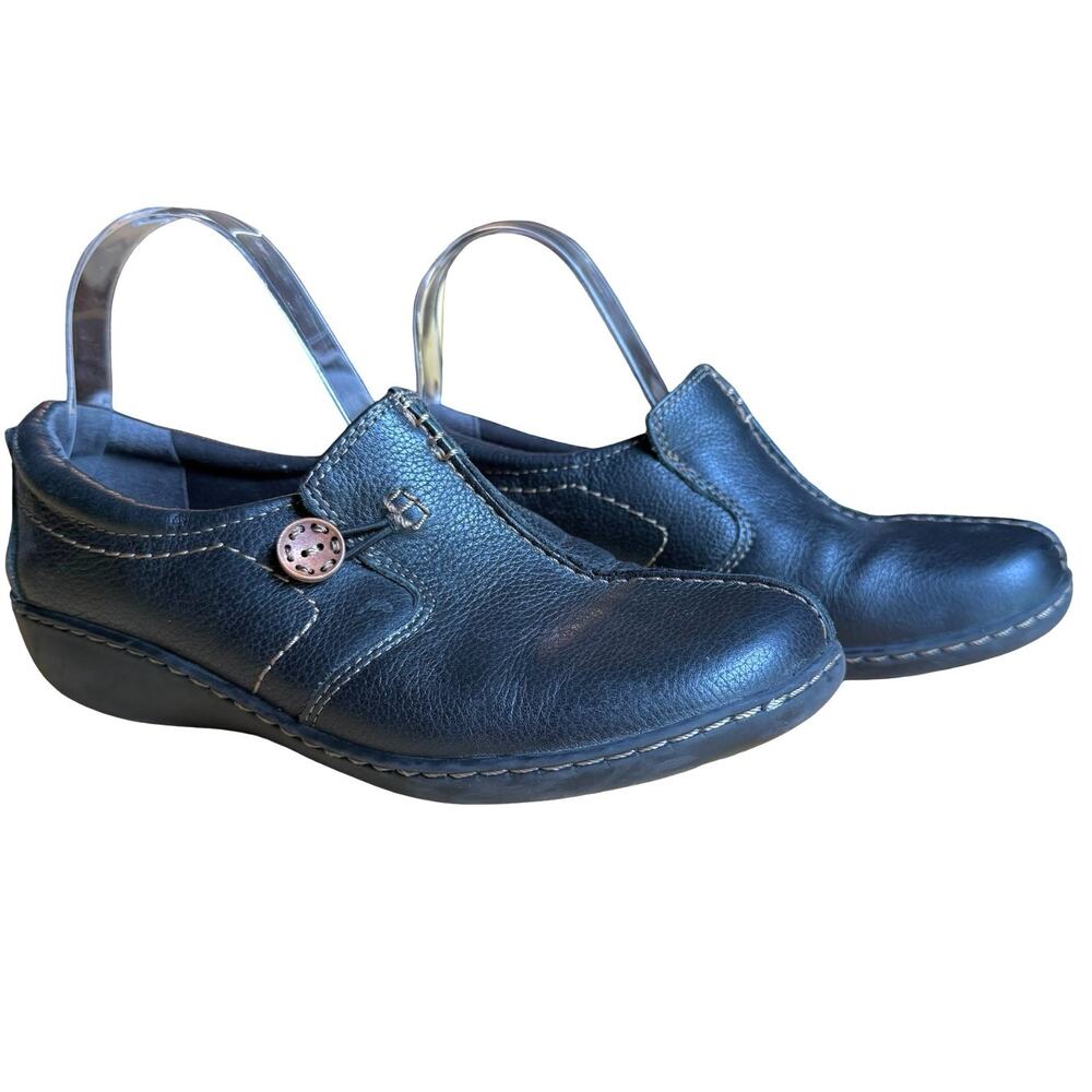 Clarks Womens Black Leather Un Loop Slip On Loafers Comfort Shoes Flats sz 9.5